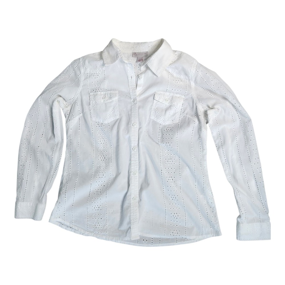 Dress Barn Eyelet Button Down Shirt Women S White Excellent Long Sleeve Cotton